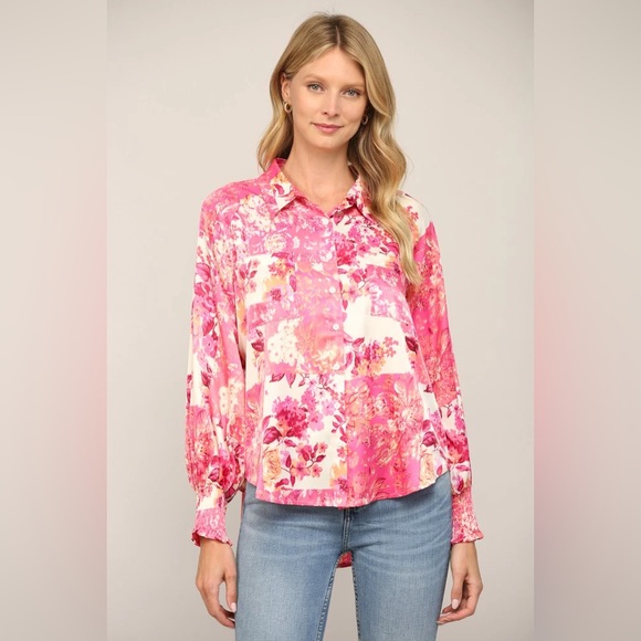 NWT Patchwork Print Button Down Shirt in Pink Multi - Picture 3 of 4